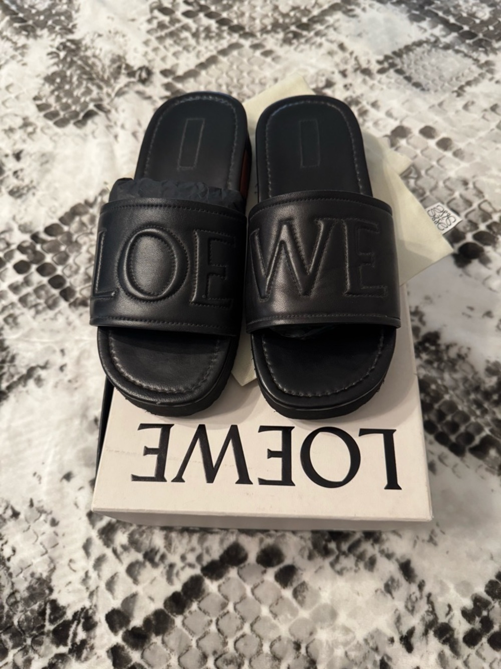 Loewe Black Embossed Leather Slide Sandals 39